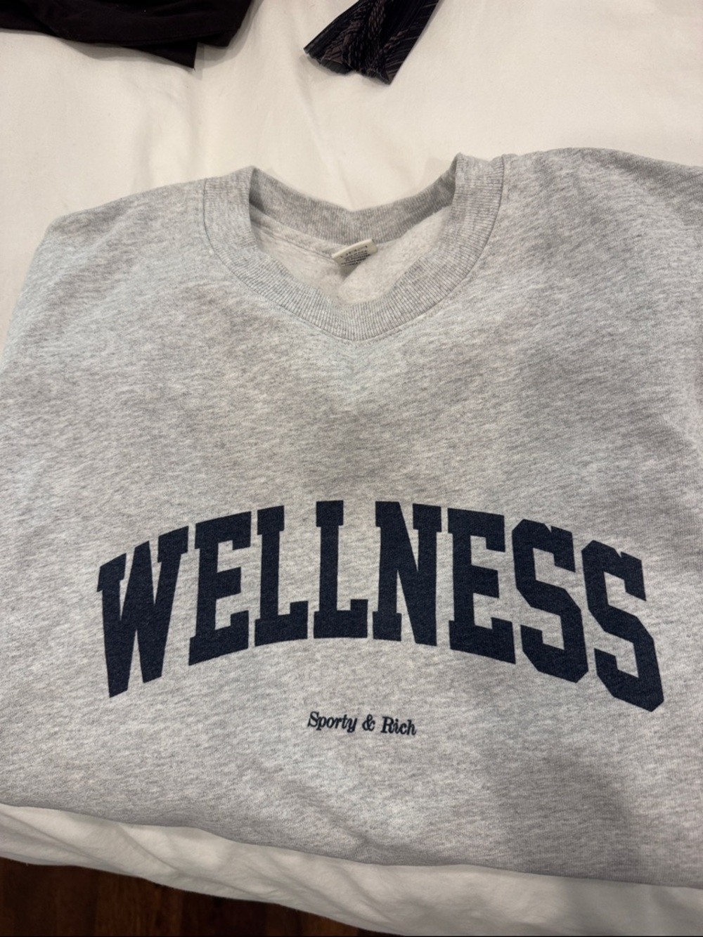 Sporty & Rich Gray Crewneck with Navy 'WELLNESS' Graphic